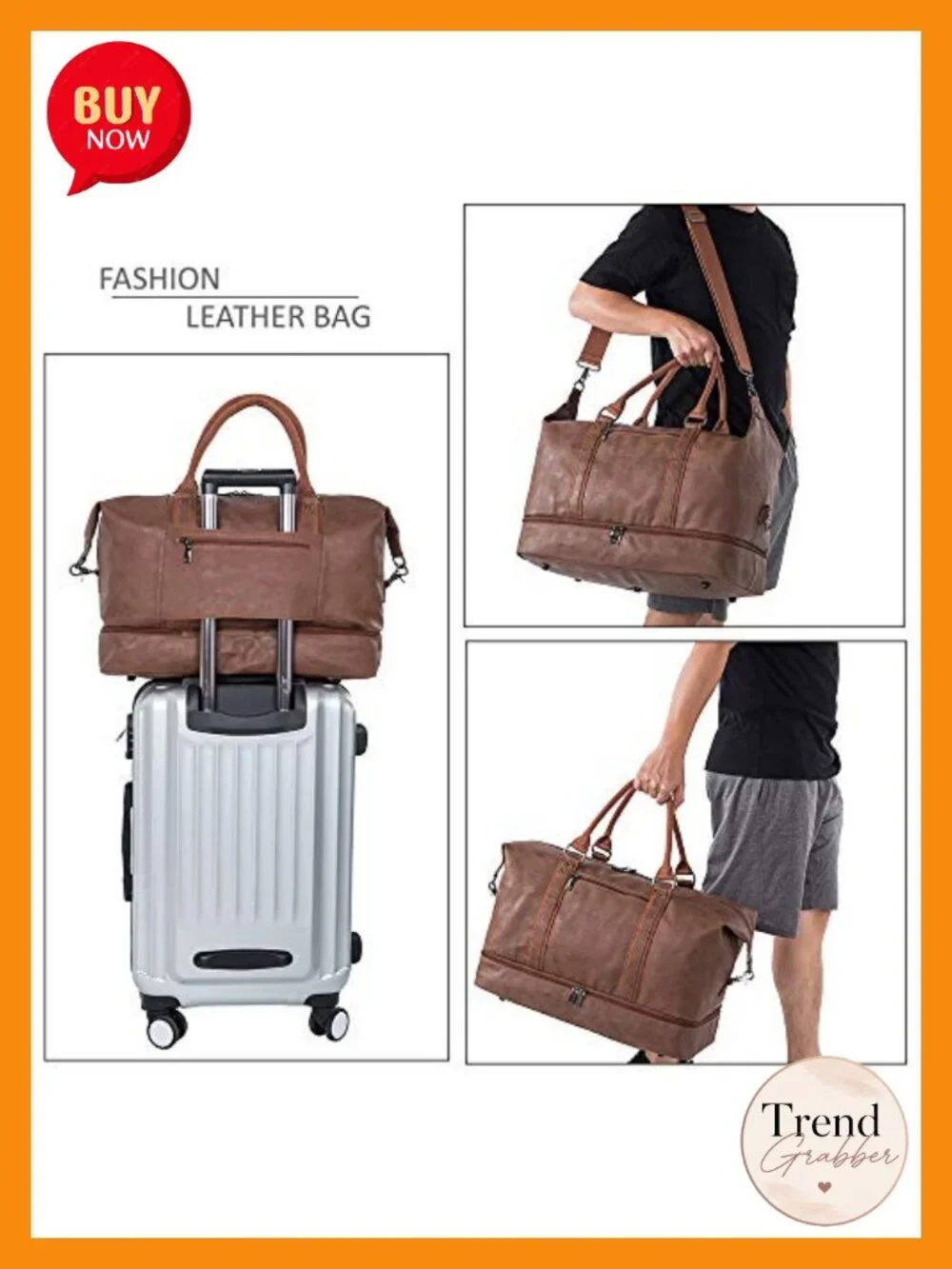 Leather Travel Duffel Bag Overnight Carry On Weekender with Shoe Pouch